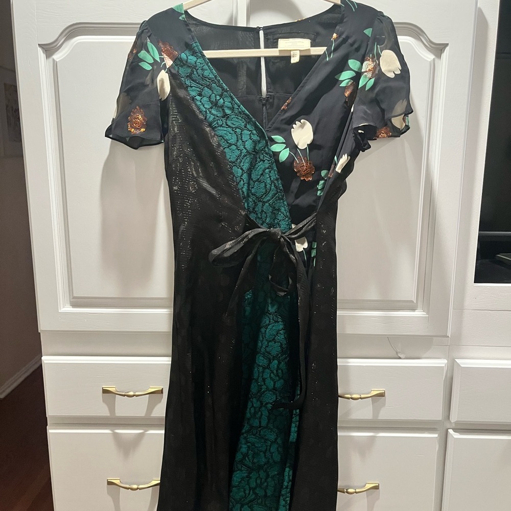 Moulinette Soeurs for Anthropologie Black & Teal Floral Wrap Midi Dress